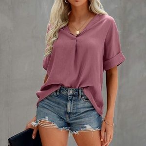 boho Pink V neck Cuff Short Sleeve Pink Blouse